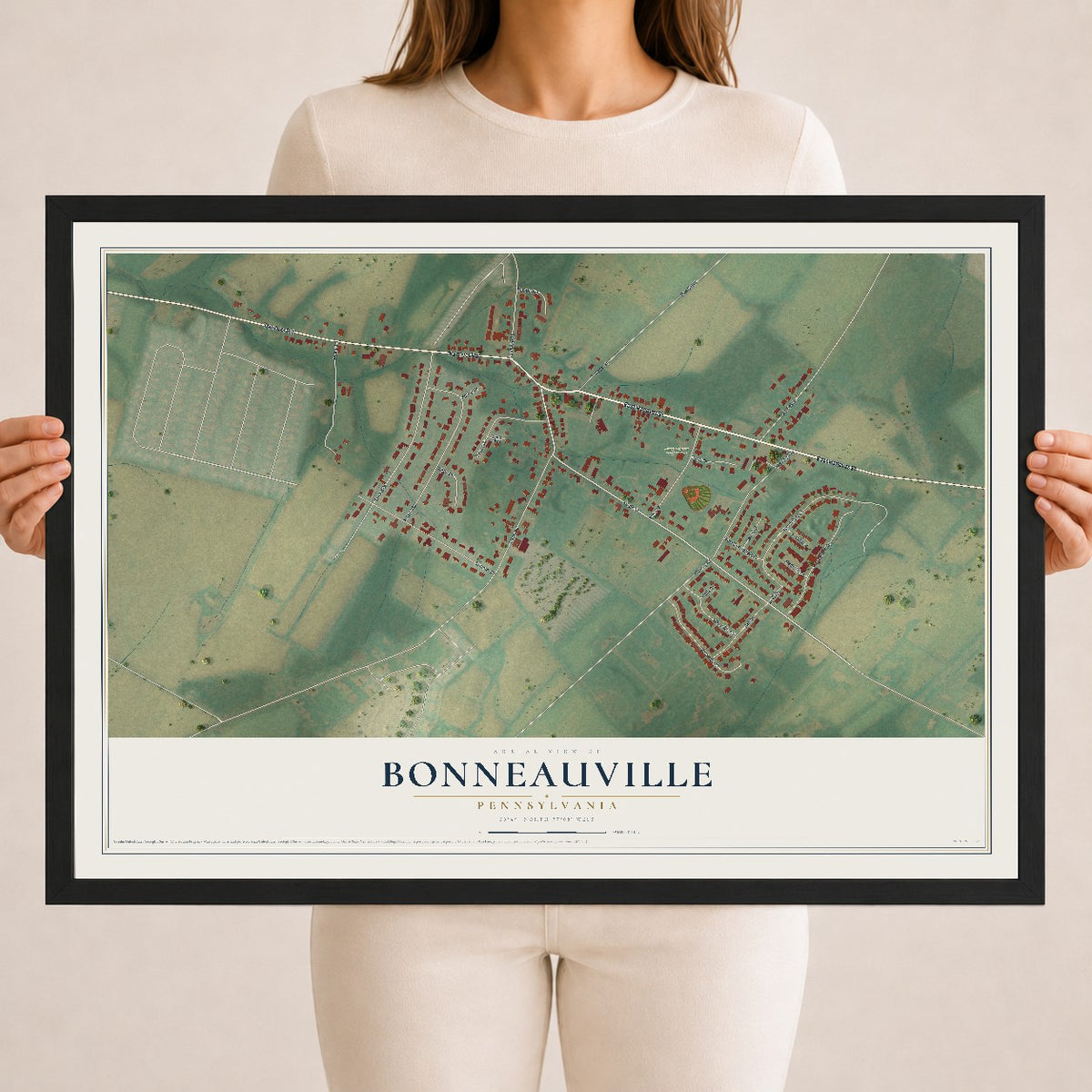 Map of Bonneauville, Pennsylvania, 18 x 24 inch print in a black wood frame