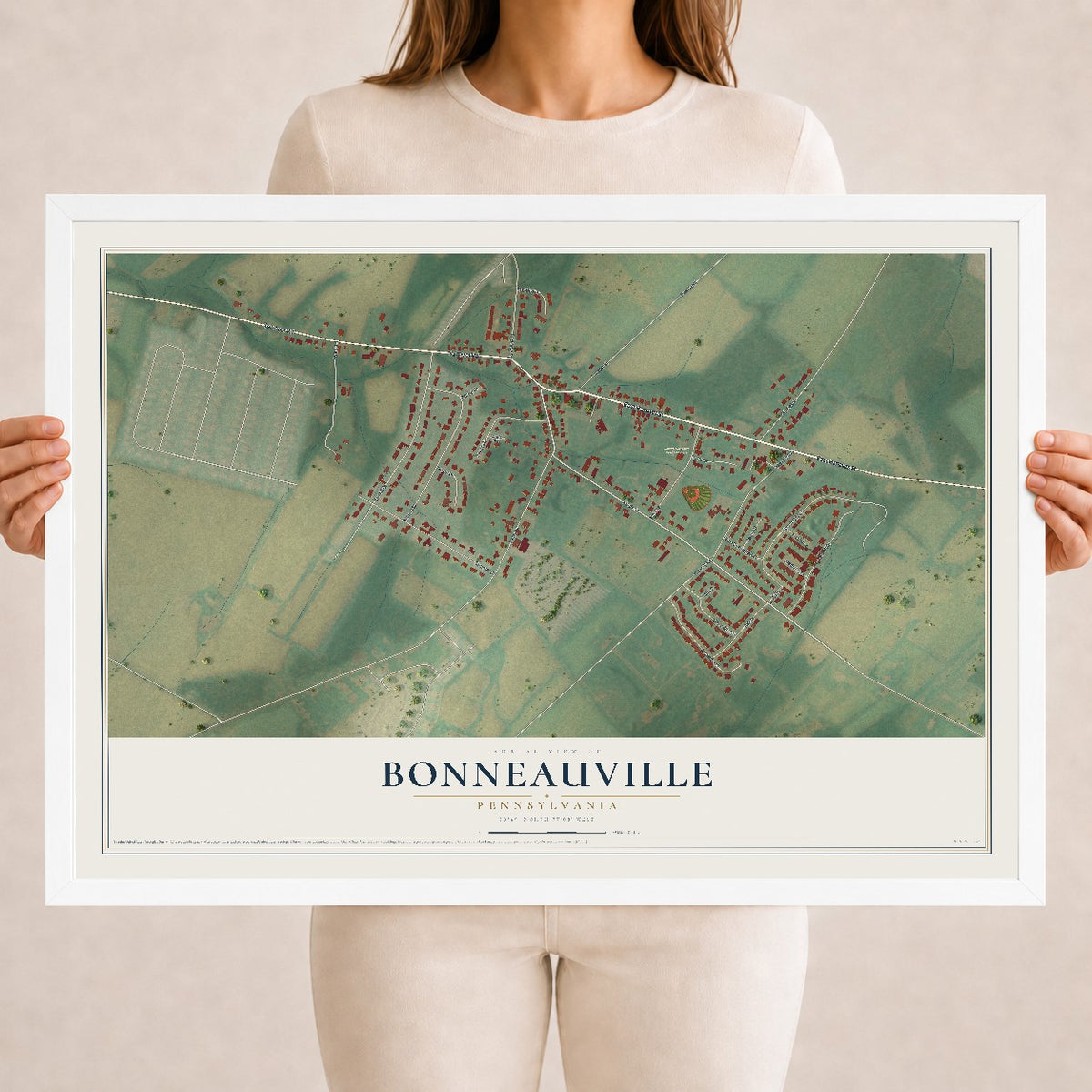Map of Bonneauville, Pennsylvania, 18 x 24 inch print in a white wood frame