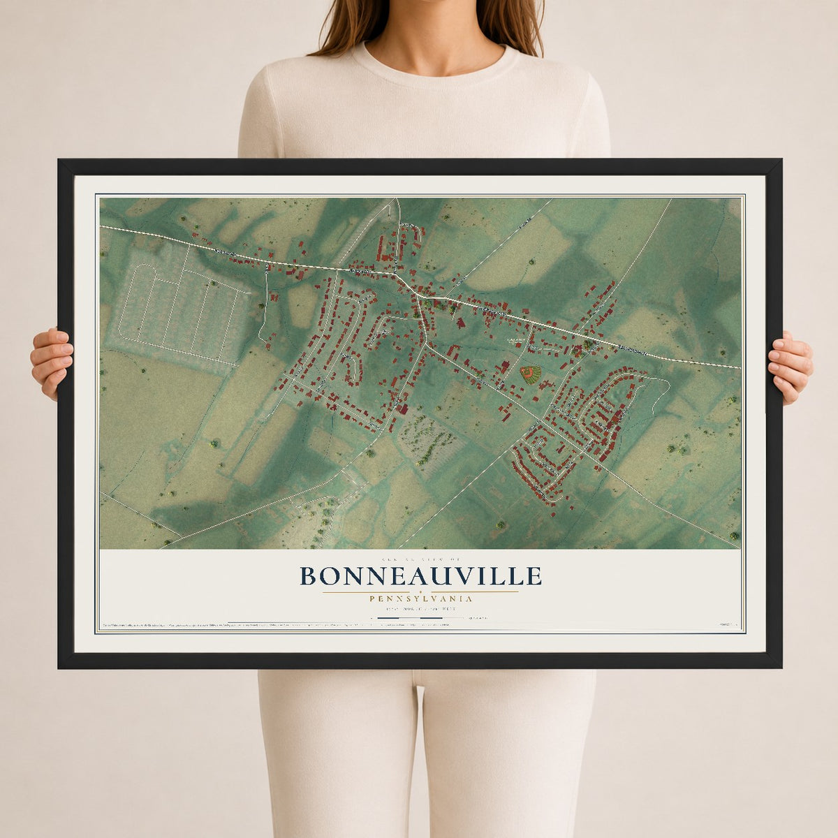 Map of Bonneauville, Pennsylvania, 24 x 36 inch print in a black wood frame