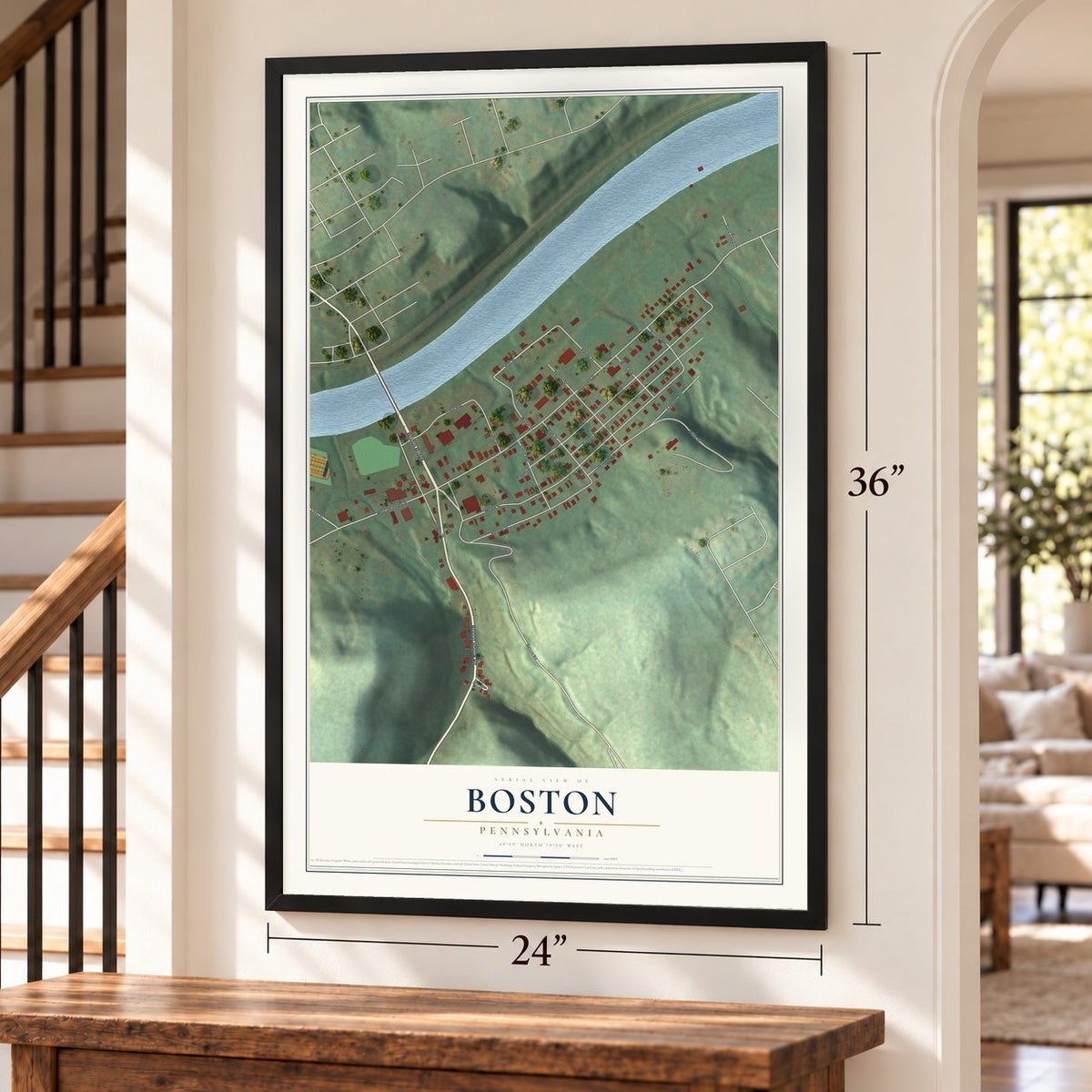 Boston, Pennsylvania map, 24 x 36 inch print in a black frame by a staircase