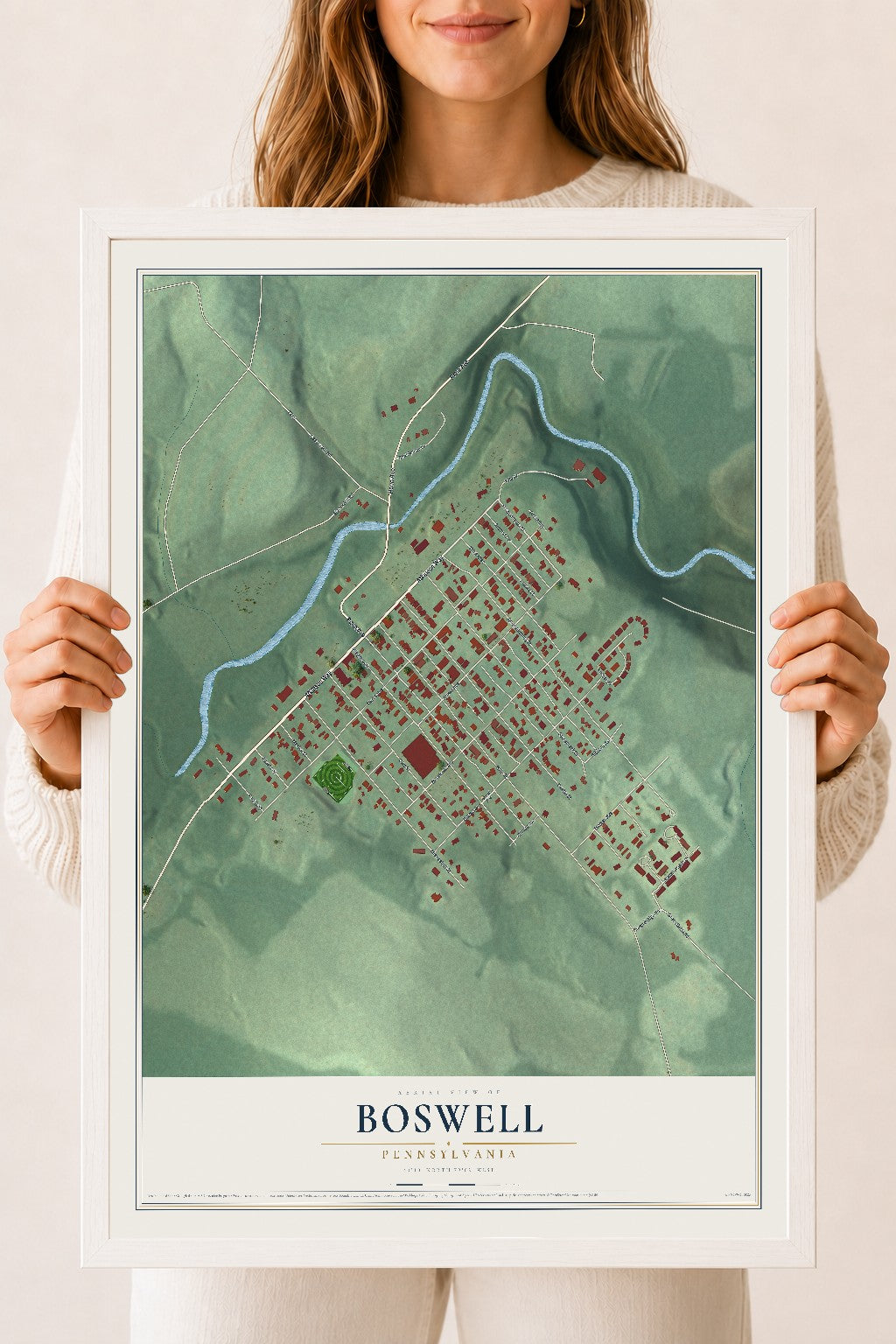 Map of Boswell, Pennsylvania, 18 x 24 inch print in a white wood frame