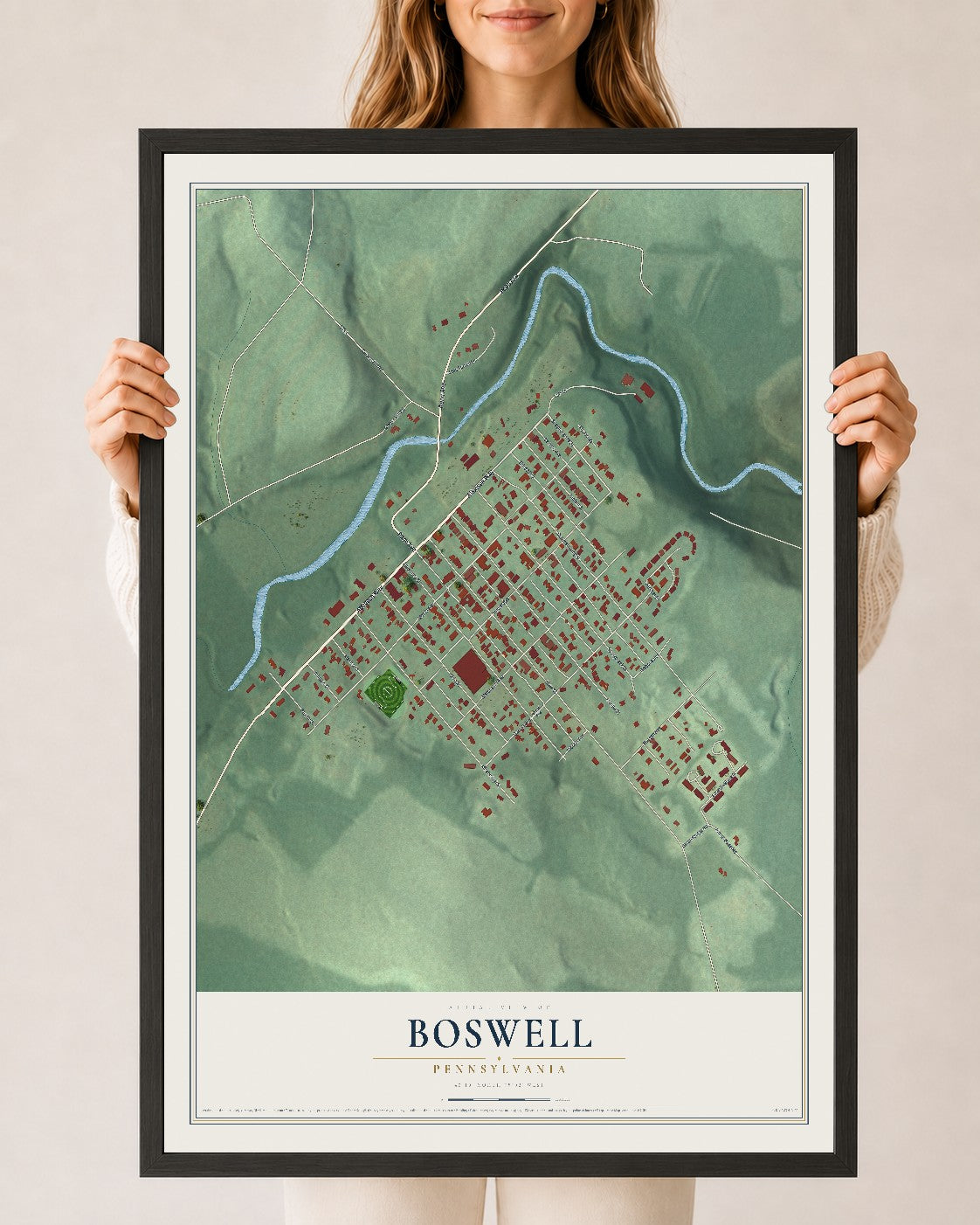 Map of Boswell, Pennsylvania, 24 x 36 inch print in a black wood frame