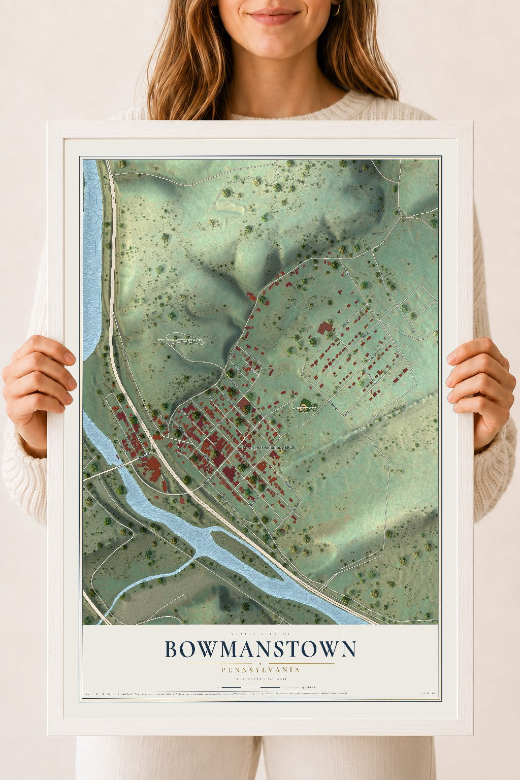 Map of Bowmanstown, Pennsylvania, 18 x 24 inch print in a white wood frame
