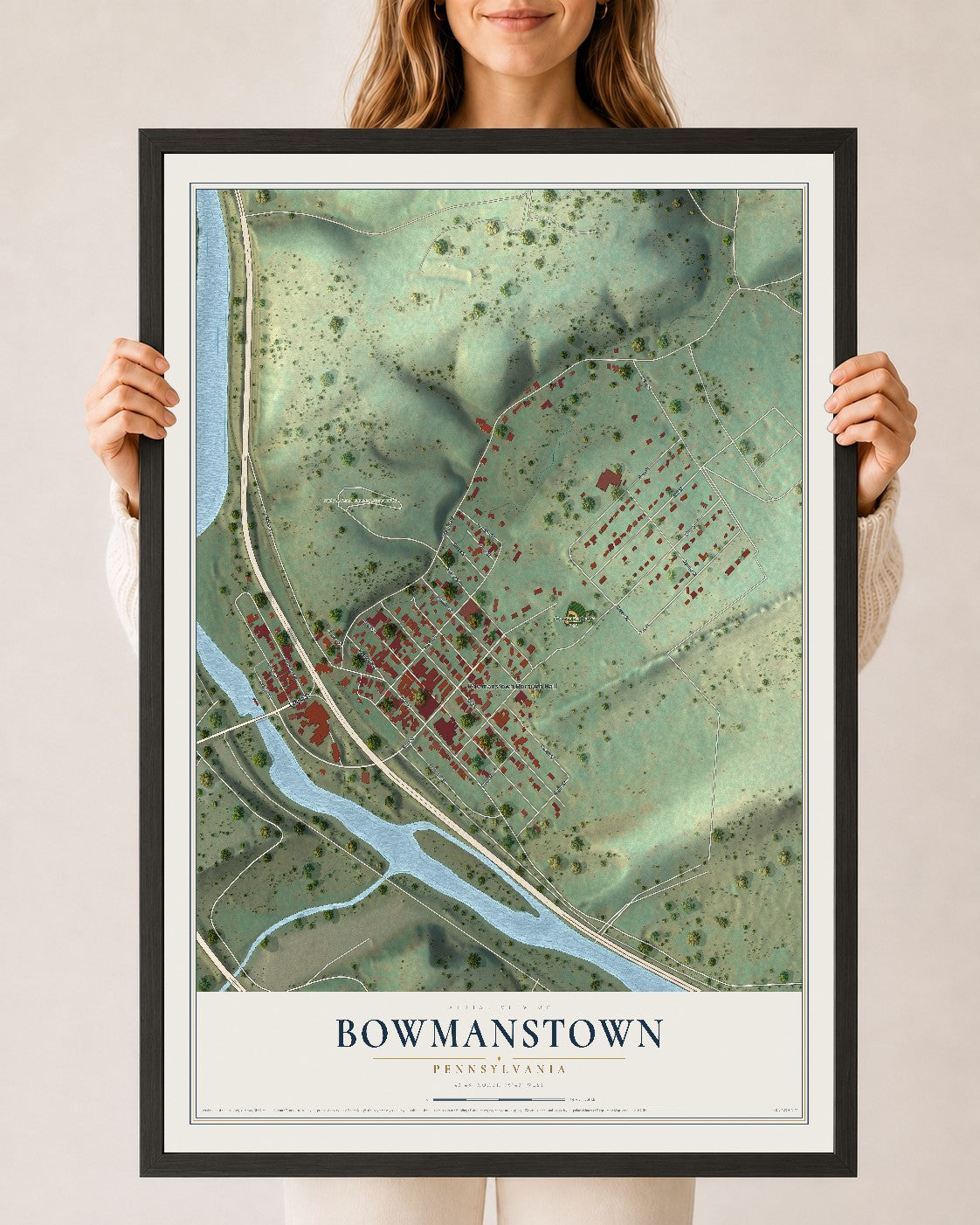 Map of Bowmanstown, Pennsylvania, 24 x 36 inch print in a black wood frame
