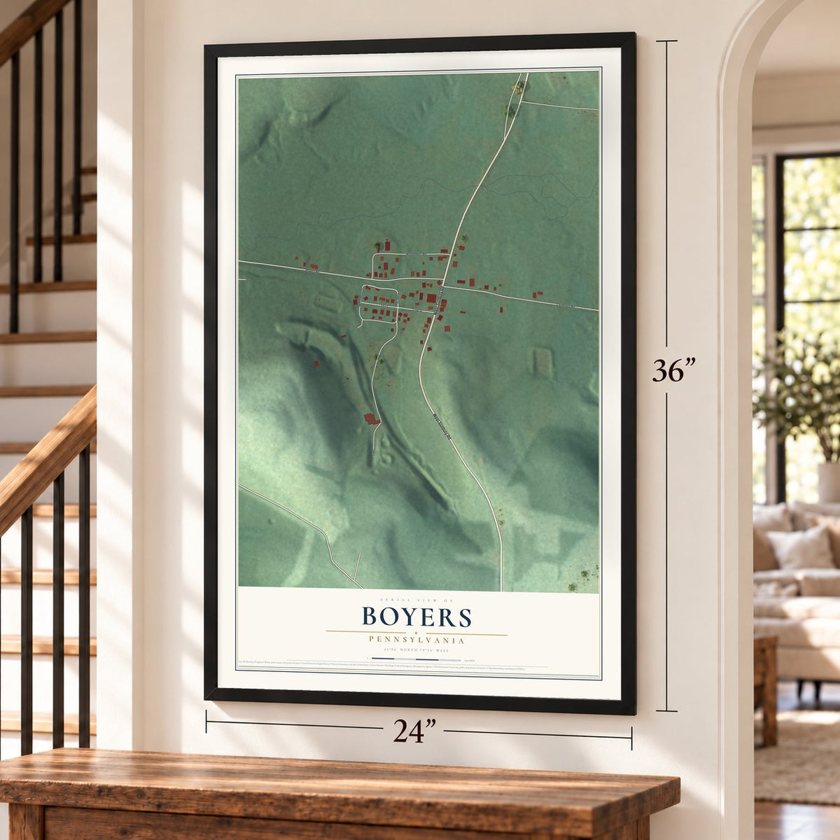 Boyers, Pennsylvania map, 24 x 36 inch print in a black frame by a staircase