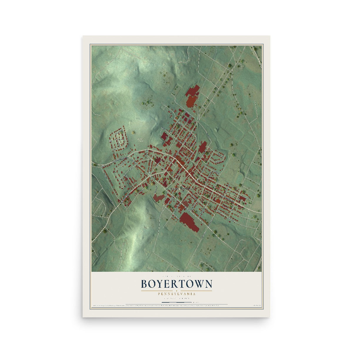 Map of Boyertown, Pennsylvania, 12 x 18 inch unframed archival matte print
