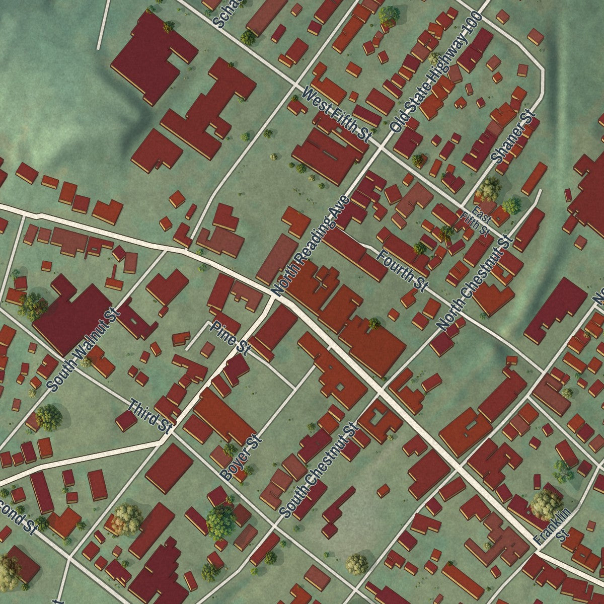 Close-up of the map of Boyertown, Pennsylvania print showing street and building detail