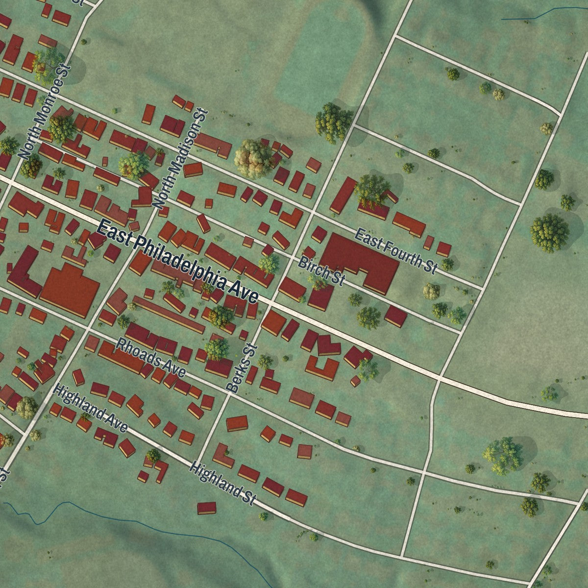 Second close-up of the map of Boyertown, Pennsylvania print showing more streets and buildings