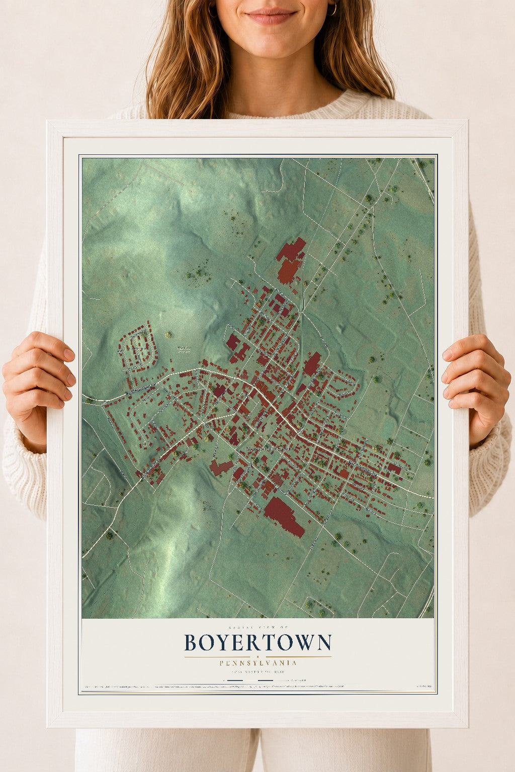 Map of Boyertown, Pennsylvania, 18 x 24 inch print in a white wood frame