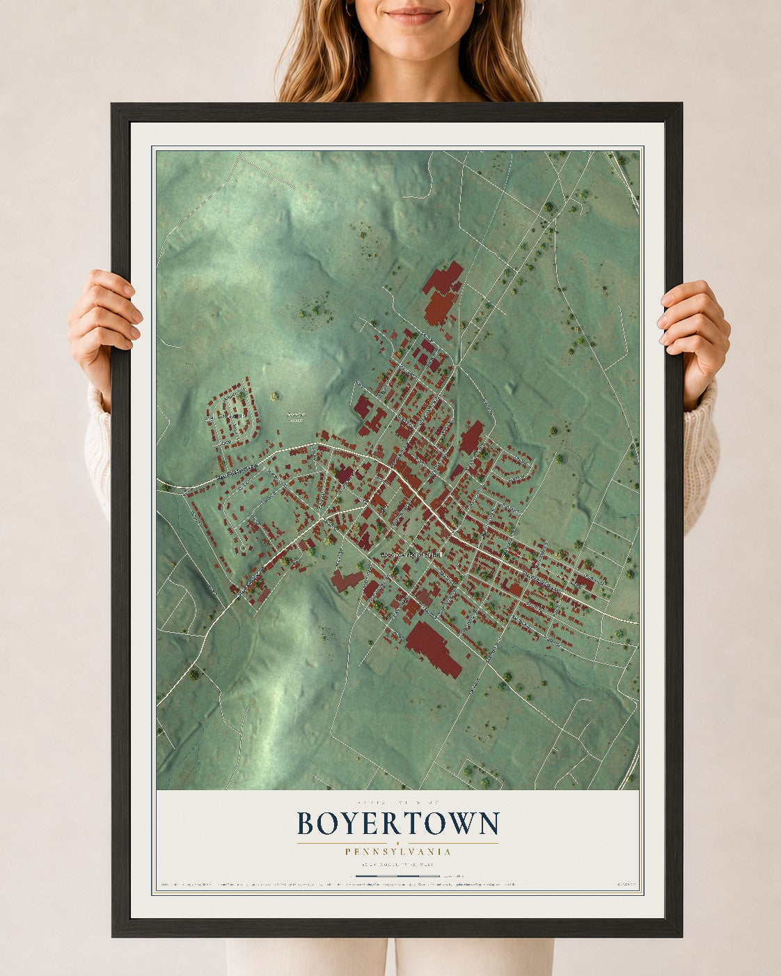 Map of Boyertown, Pennsylvania, 24 x 36 inch print in a black wood frame