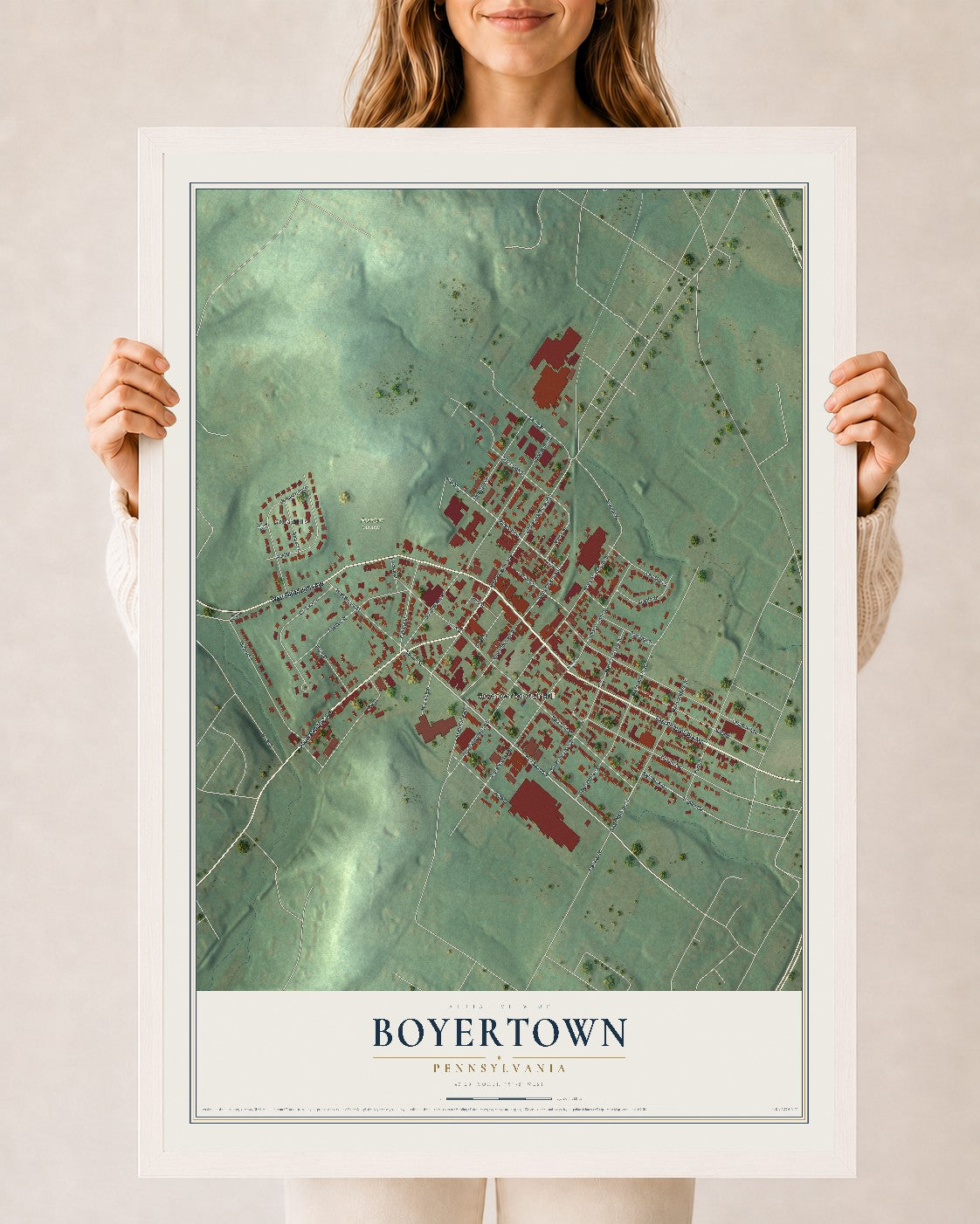 Map of Boyertown, Pennsylvania, 24 x 36 inch print in a white wood frame