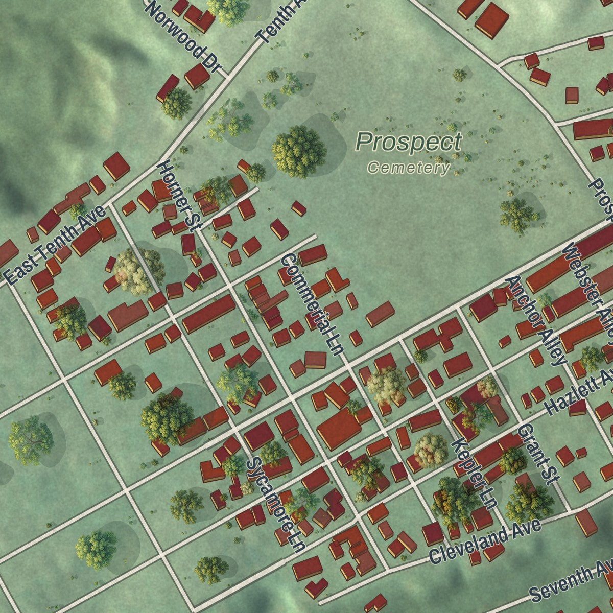 Second close-up of the map of Brackenridge, Pennsylvania print showing more streets and buildings