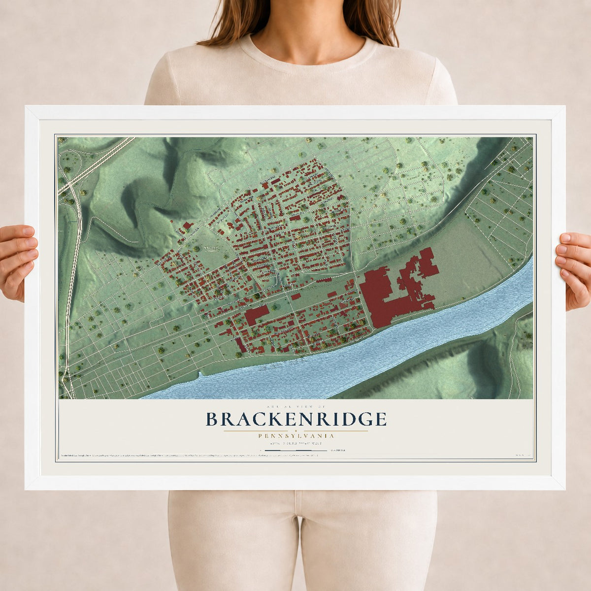 Map of Brackenridge, Pennsylvania, 18 x 24 inch print in a white wood frame