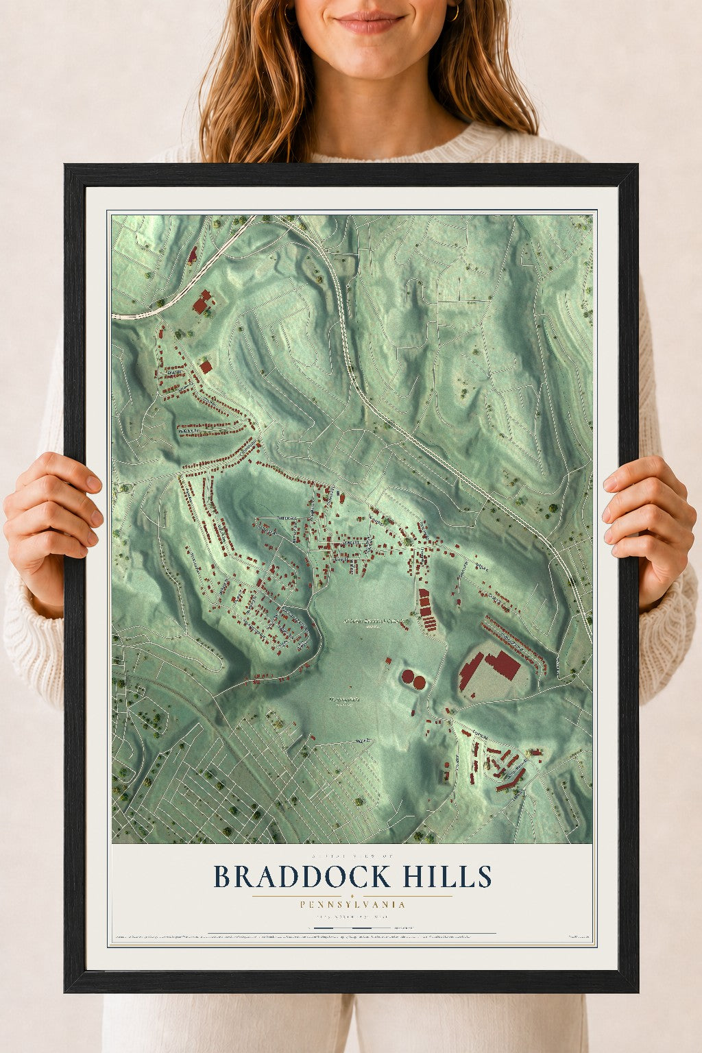 Map of Braddock Hills, Pennsylvania, 18 x 24 inch print in a black wood frame