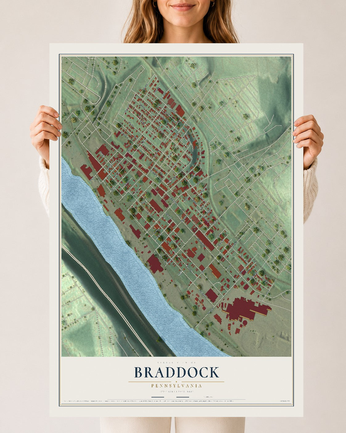 Map of Braddock, Pennsylvania, 24 x 36 inch unframed archival matte print