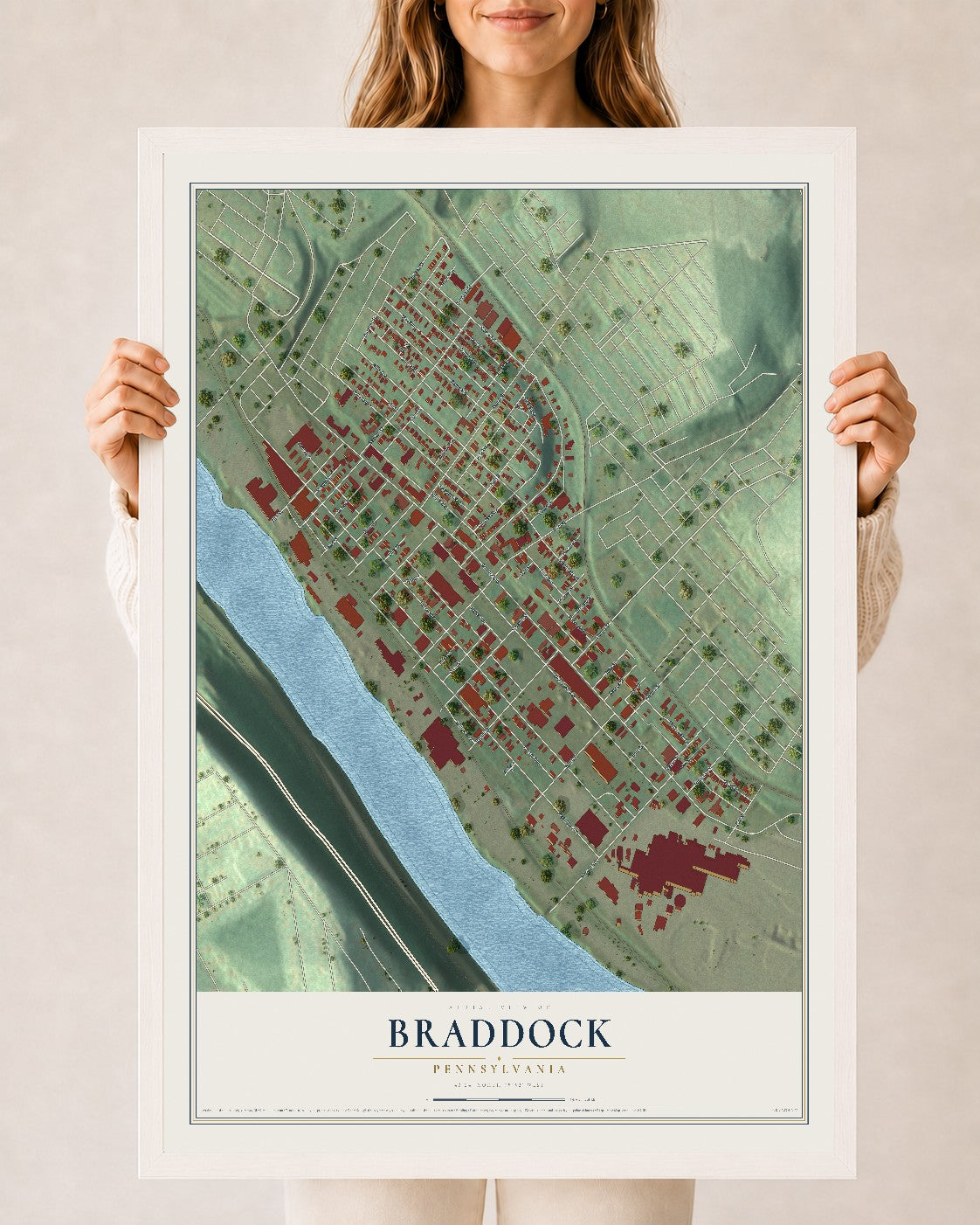 Map of Braddock, Pennsylvania, 24 x 36 inch print in a white wood frame