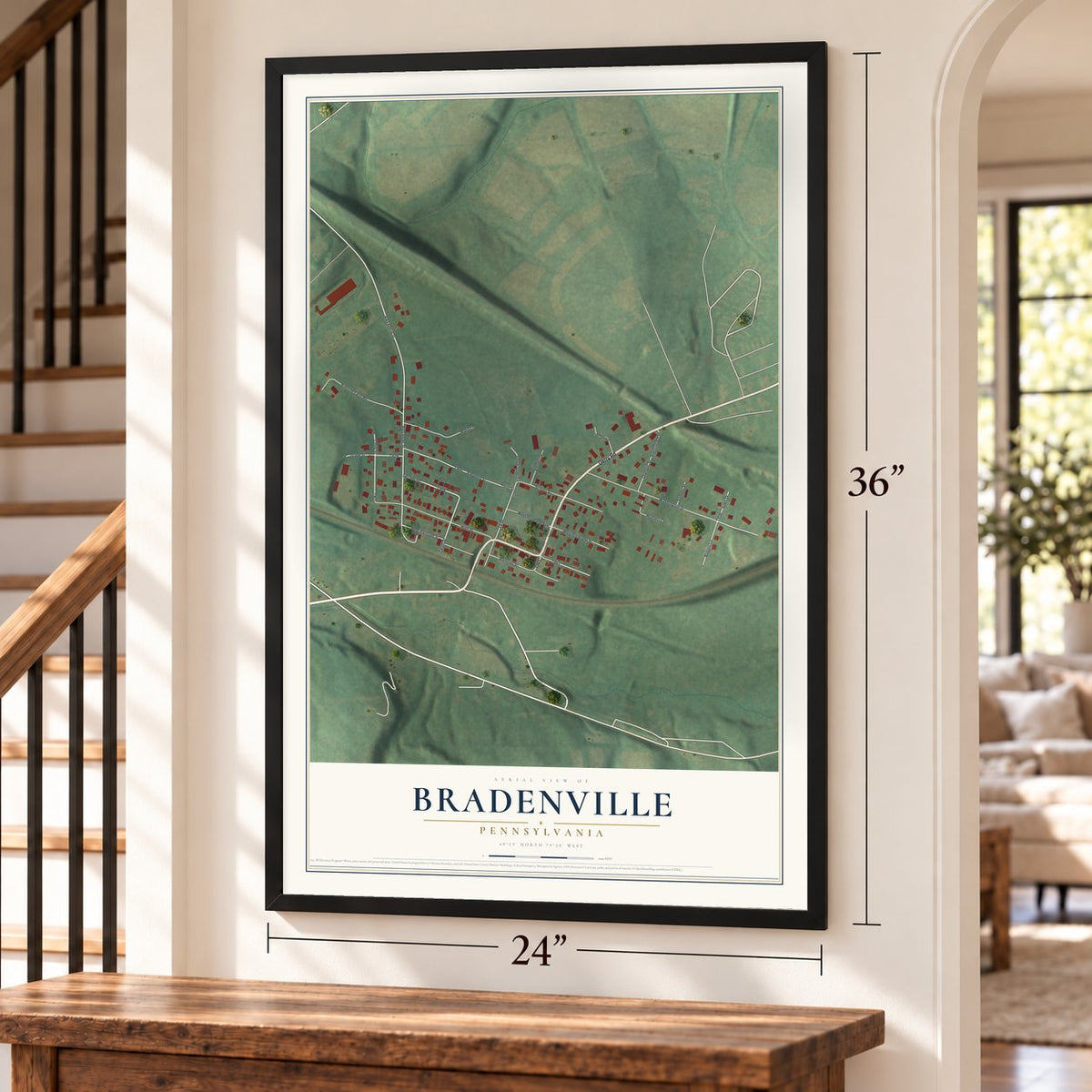 Bradenville, Pennsylvania map, 24 x 36 inch print in a black frame by a staircase