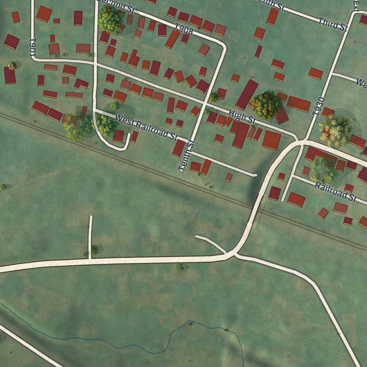 Close-up of the map of Bradenville, Pennsylvania print showing street and building detail