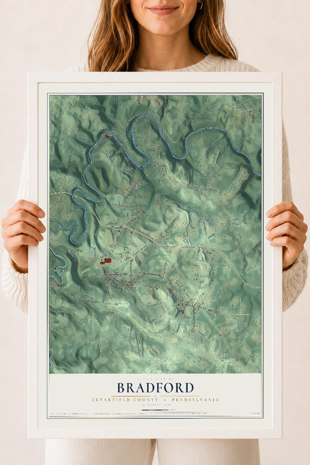 Map of Bradford, Clearfield County, Pennsylvania, 18 x 24 inch print in a white wood frame