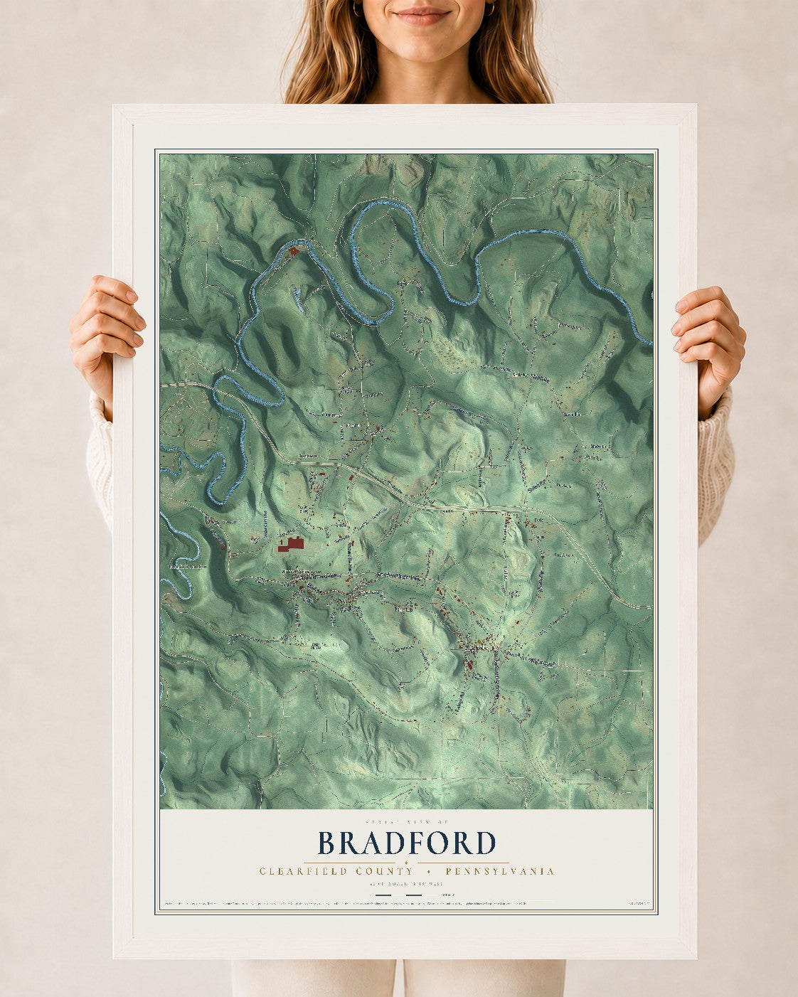 Map of Bradford, Clearfield County, Pennsylvania, 24 x 36 inch print in a white wood frame