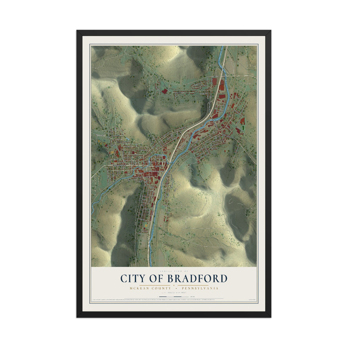 Map of the City of Bradford, McKean County, Pennsylvania, 12 x 18 inch print in a black wood frame