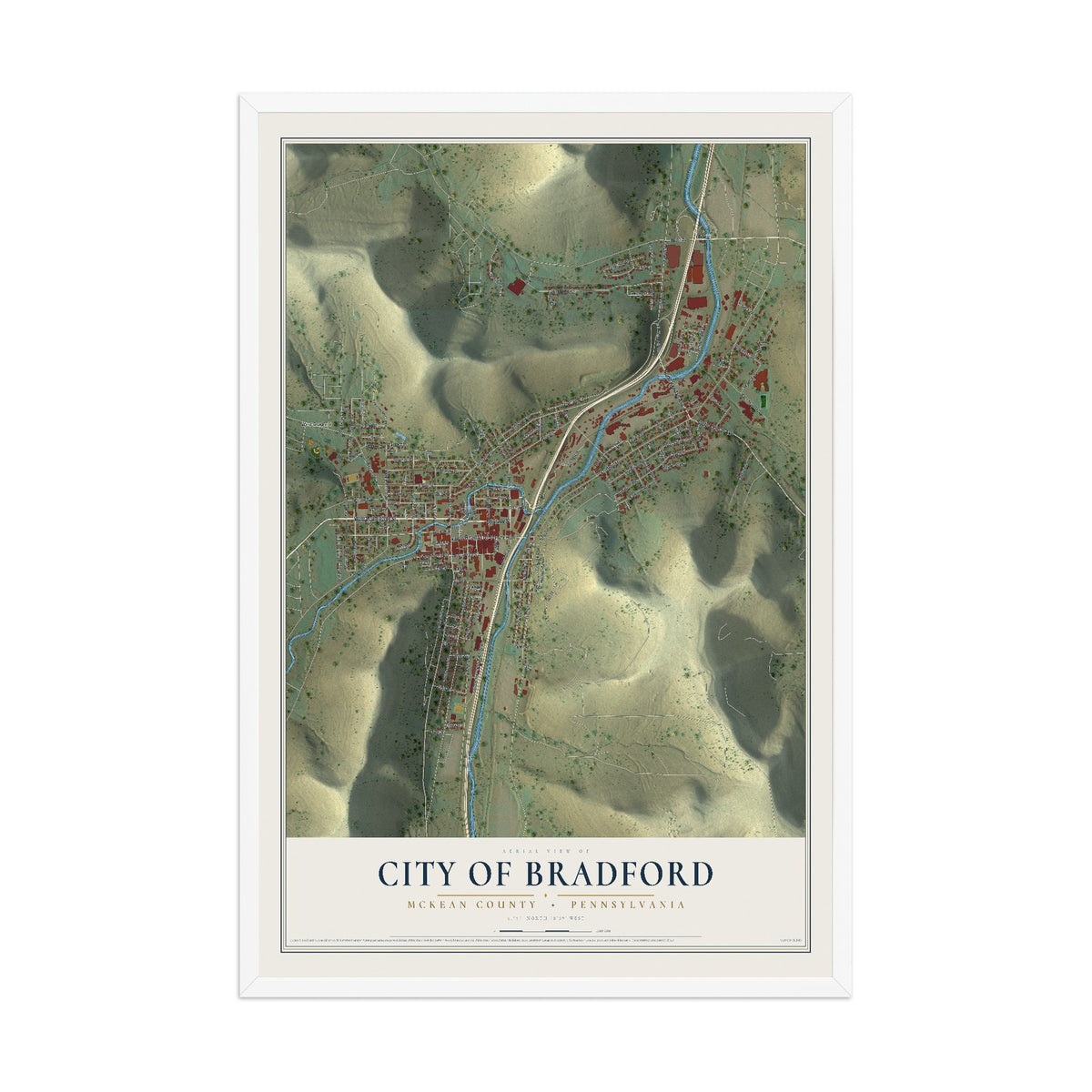 Map of the City of Bradford, McKean County, Pennsylvania, 12 x 18 inch print in a white wood frame