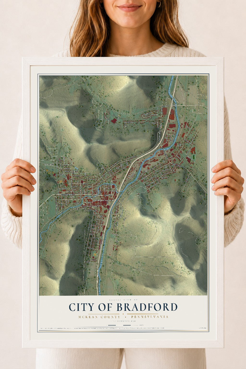 Map of the City of Bradford, McKean County, Pennsylvania, 18 x 24 inch print in a white wood frame