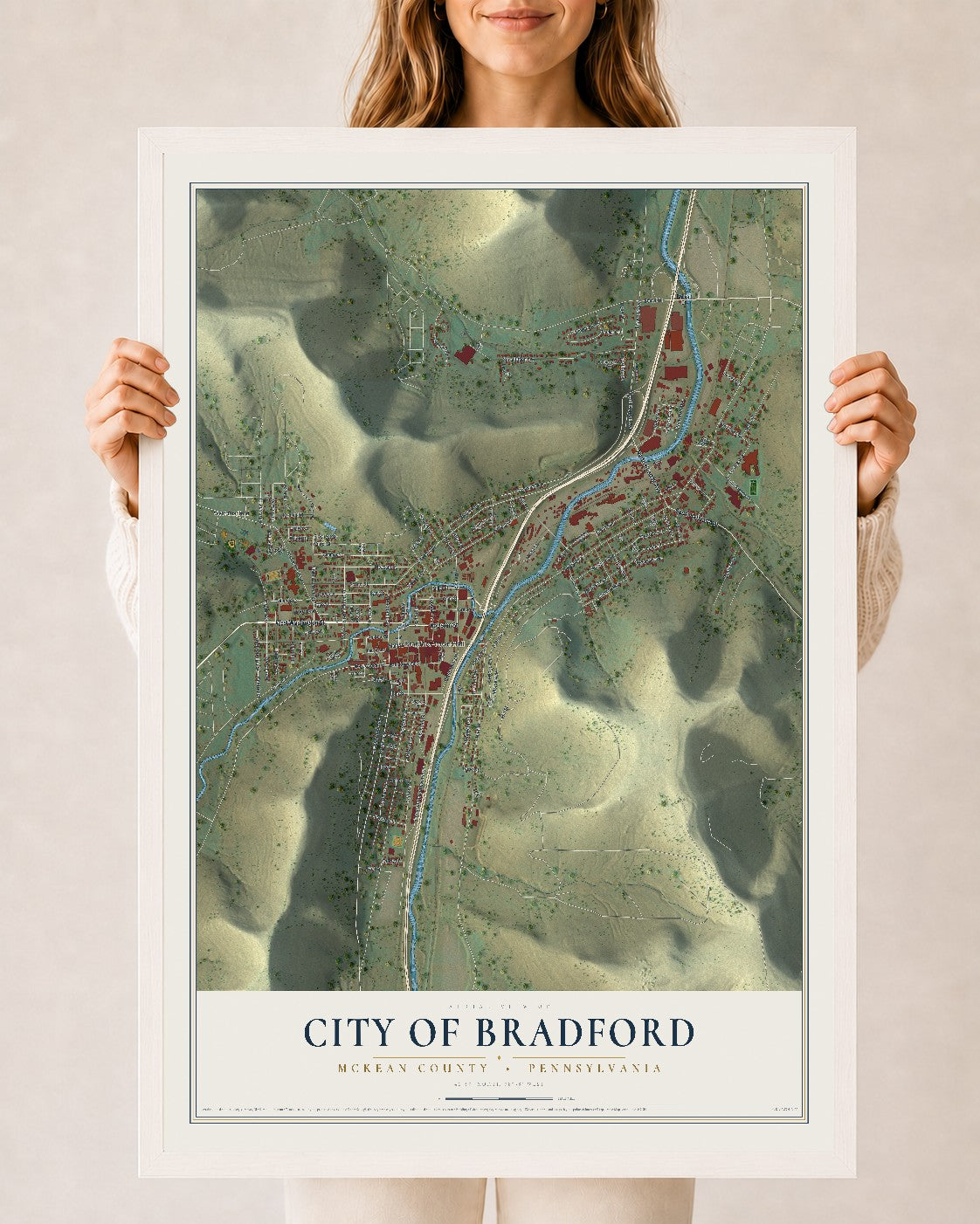 Map of the City of Bradford, McKean County, Pennsylvania, 24 x 36 inch print in a white wood frame
