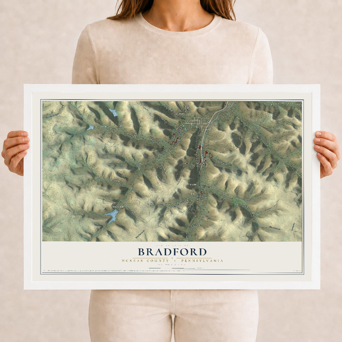 Map of Bradford, McKean County, Pennsylvania, 12 x 18 inch print in a white wood frame