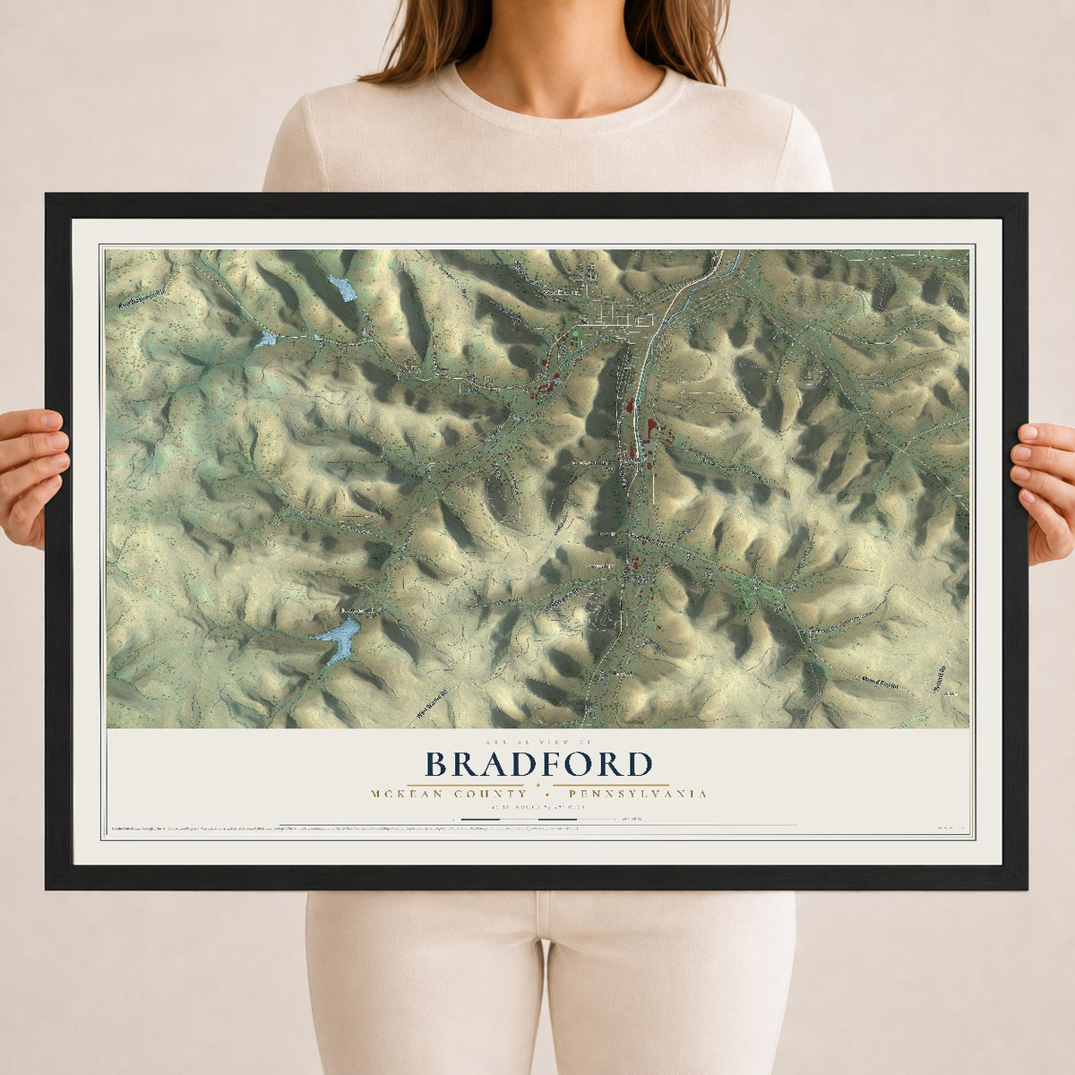 Map of Bradford, McKean County, Pennsylvania, 18 x 24 inch print in a black wood frame