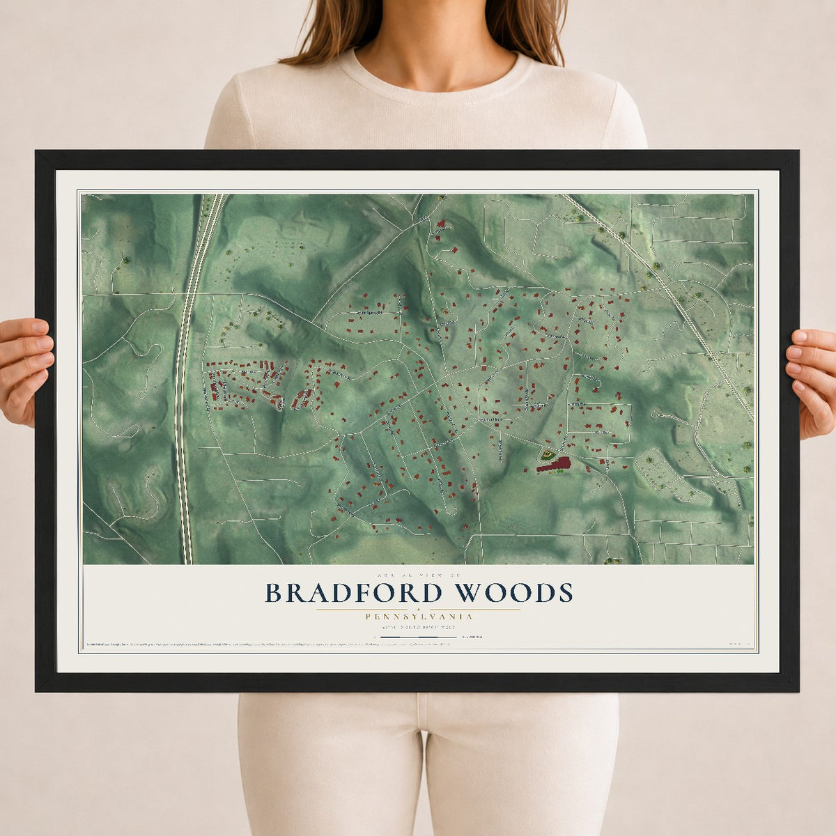 Map of Bradford Woods, Pennsylvania, 18 x 24 inch print in a black wood frame
