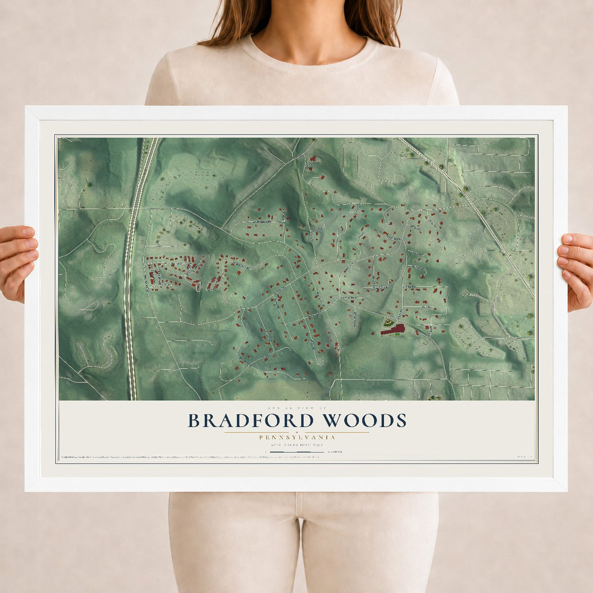 Map of Bradford Woods, Pennsylvania, 18 x 24 inch print in a white wood frame