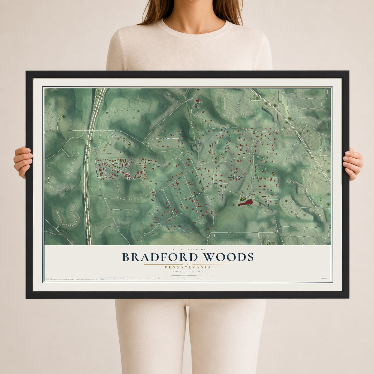 Map of Bradford Woods, Pennsylvania, 24 x 36 inch print in a black wood frame