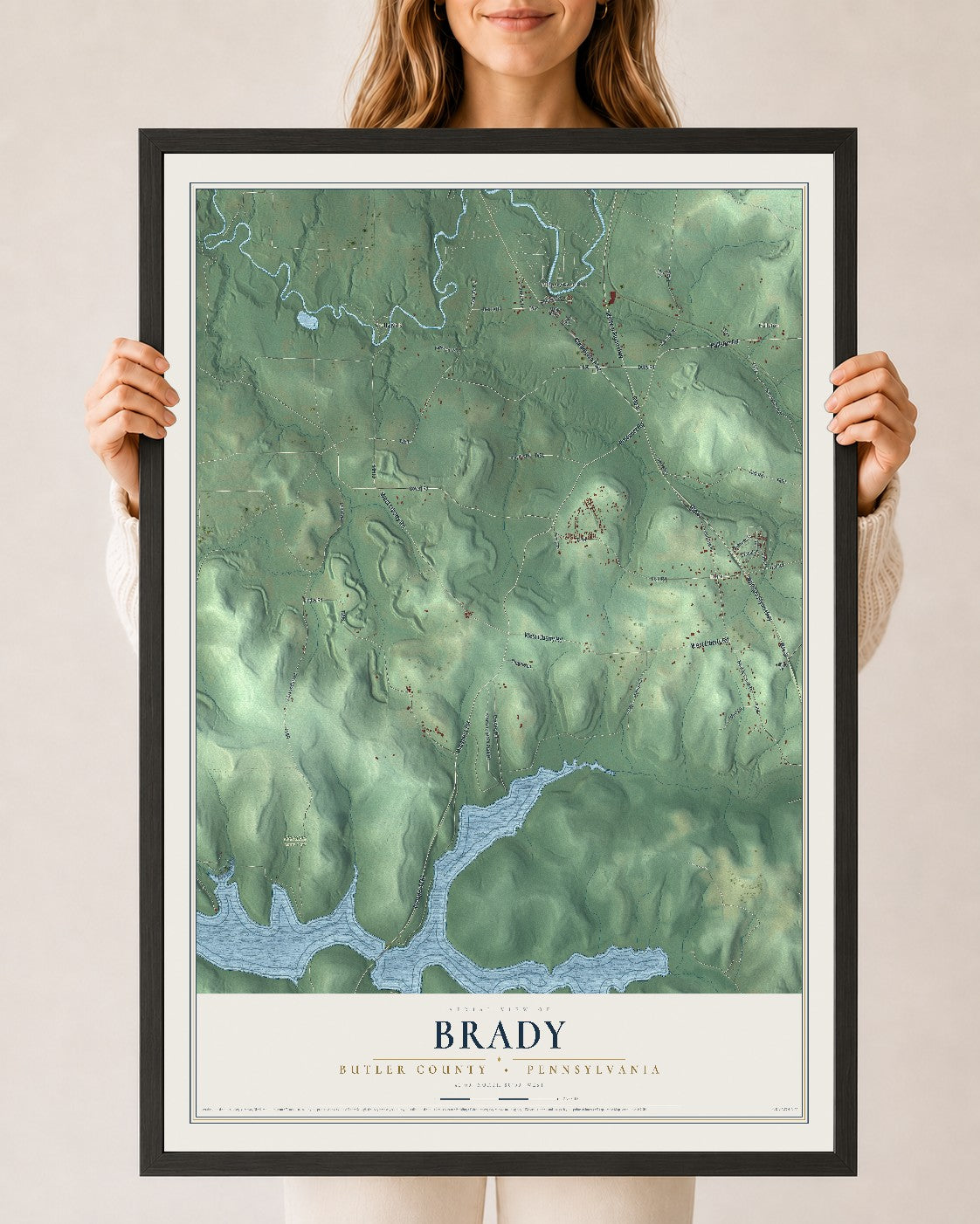 Map of Brady, Butler County, Pennsylvania, 24 x 36 inch print in a black wood frame