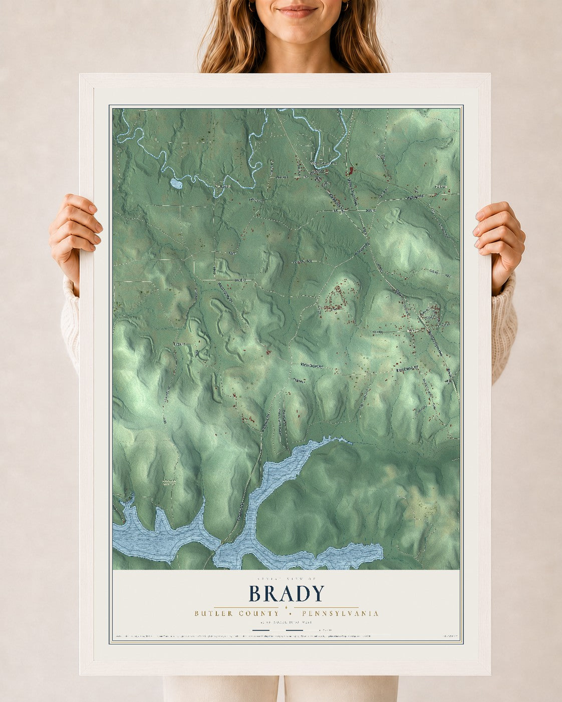 Map of Brady, Butler County, Pennsylvania, 24 x 36 inch print in a white wood frame