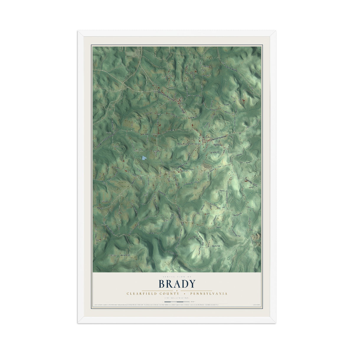 Map of Brady, Clearfield County, Pennsylvania, 12 x 18 inch print in a white wood frame