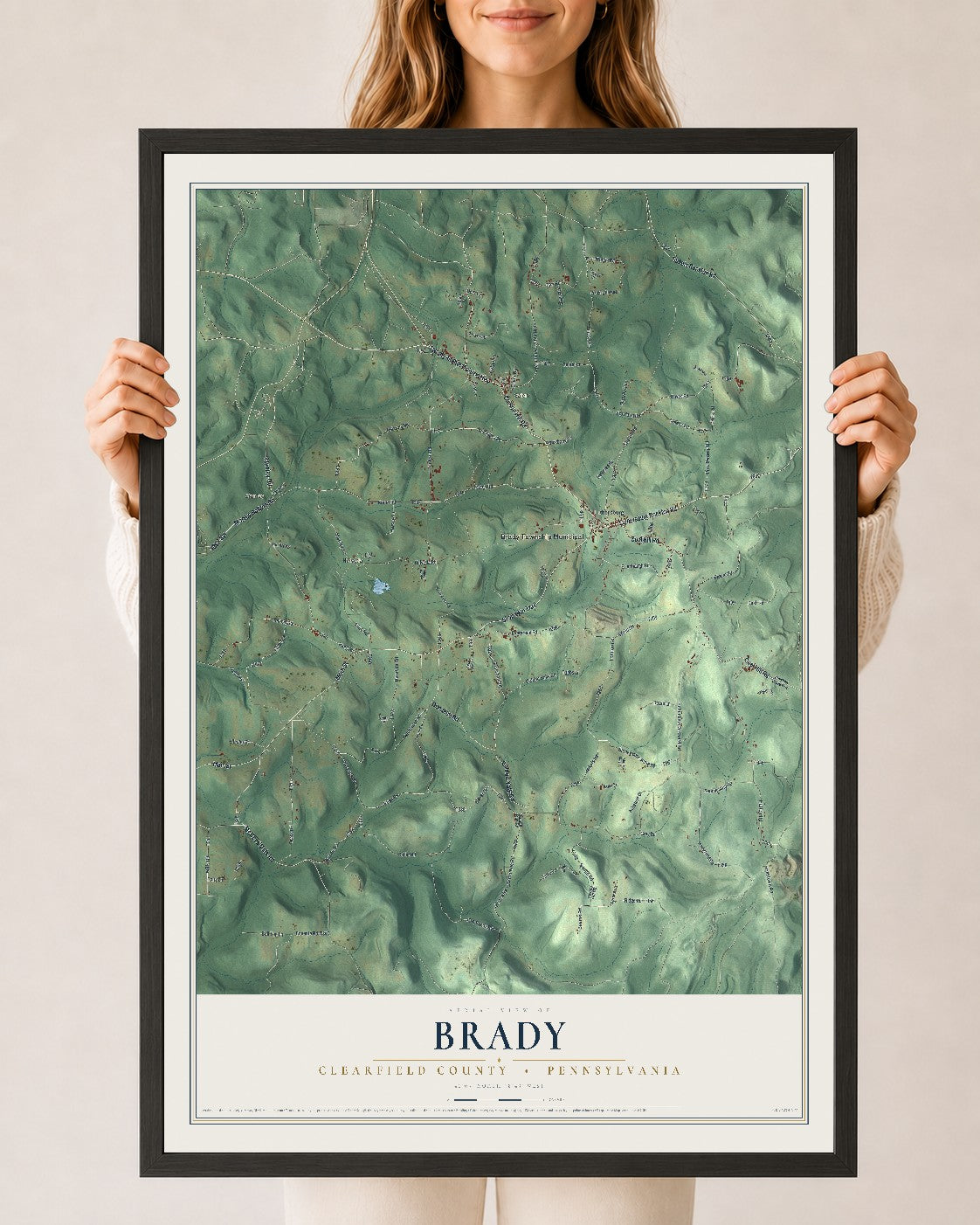 Map of Brady, Clearfield County, Pennsylvania, 24 x 36 inch print in a black wood frame
