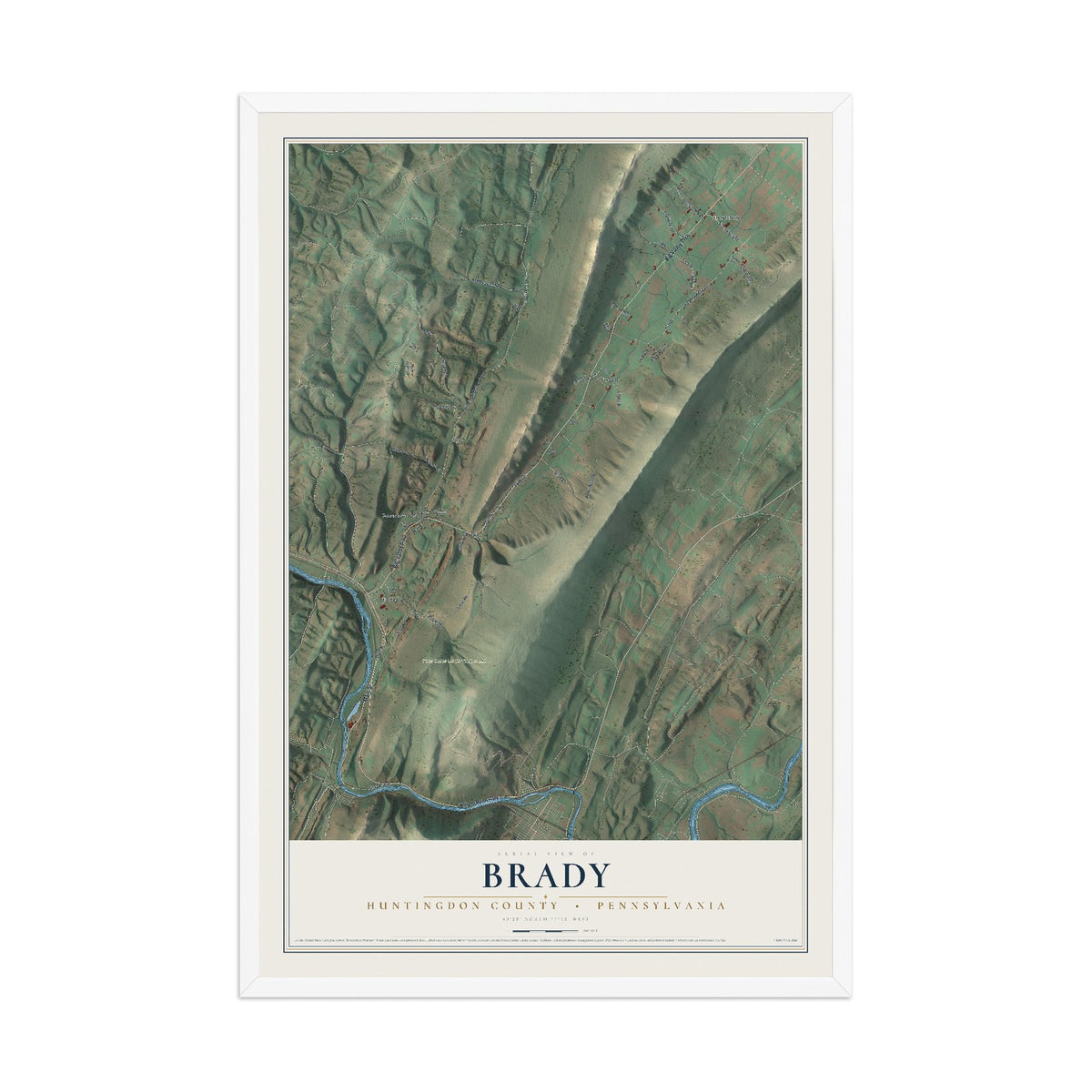 Map of Brady, Huntingdon County, Pennsylvania, 12 x 18 inch print in a white wood frame
