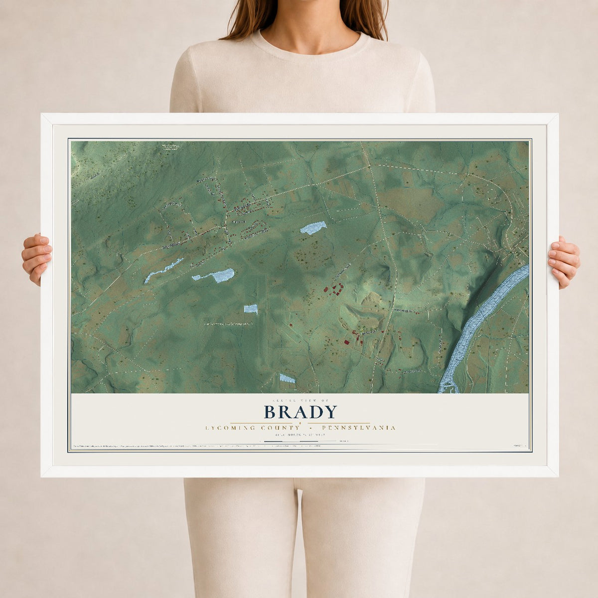 Map of Brady, Lycoming County, Pennsylvania, 24 x 36 inch print in a white wood frame