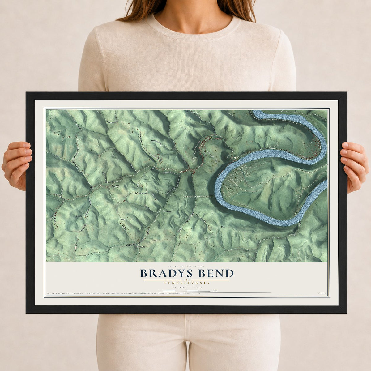 Map of Bradys Bend, Pennsylvania, 12 x 18 inch print in a black wood frame