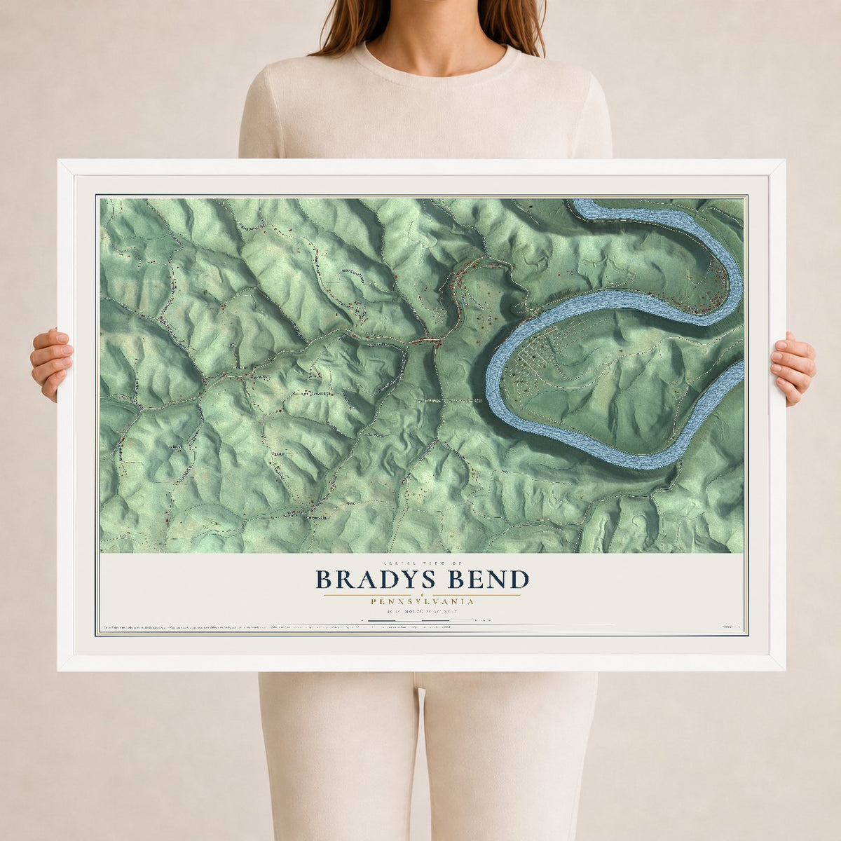 Map of Bradys Bend, Pennsylvania, 24 x 36 inch print in a white wood frame
