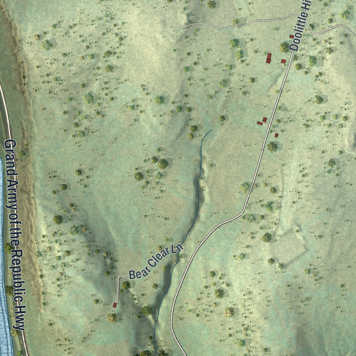 Second close-up of the map of Braintrim, Pennsylvania print showing more streets and buildings
