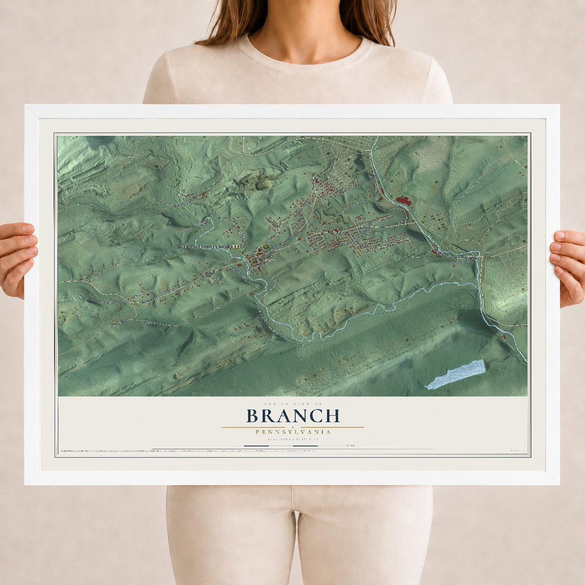 Map of Branch, Pennsylvania, 18 x 24 inch print in a white wood frame