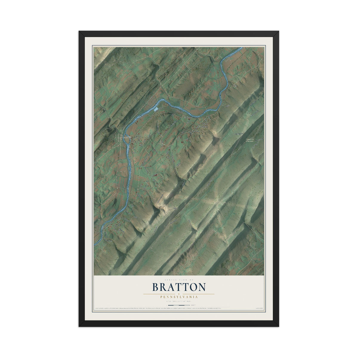 Map of Bratton, Pennsylvania, 12 x 18 inch print in a black wood frame