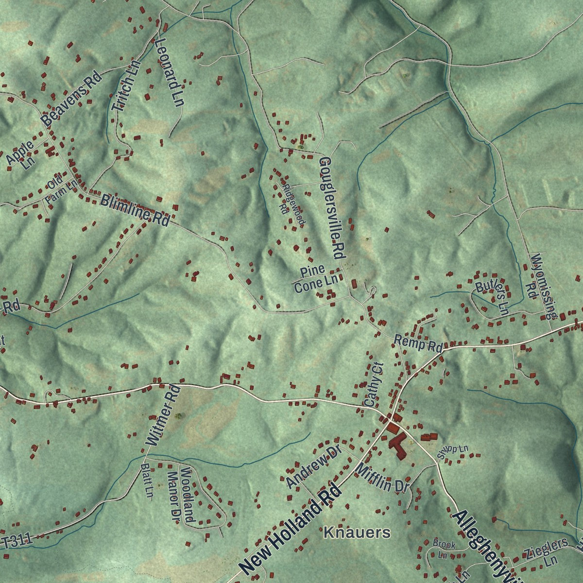 Close-up of the map of Brecknock, Berks County, Pennsylvania print showing street and building detail