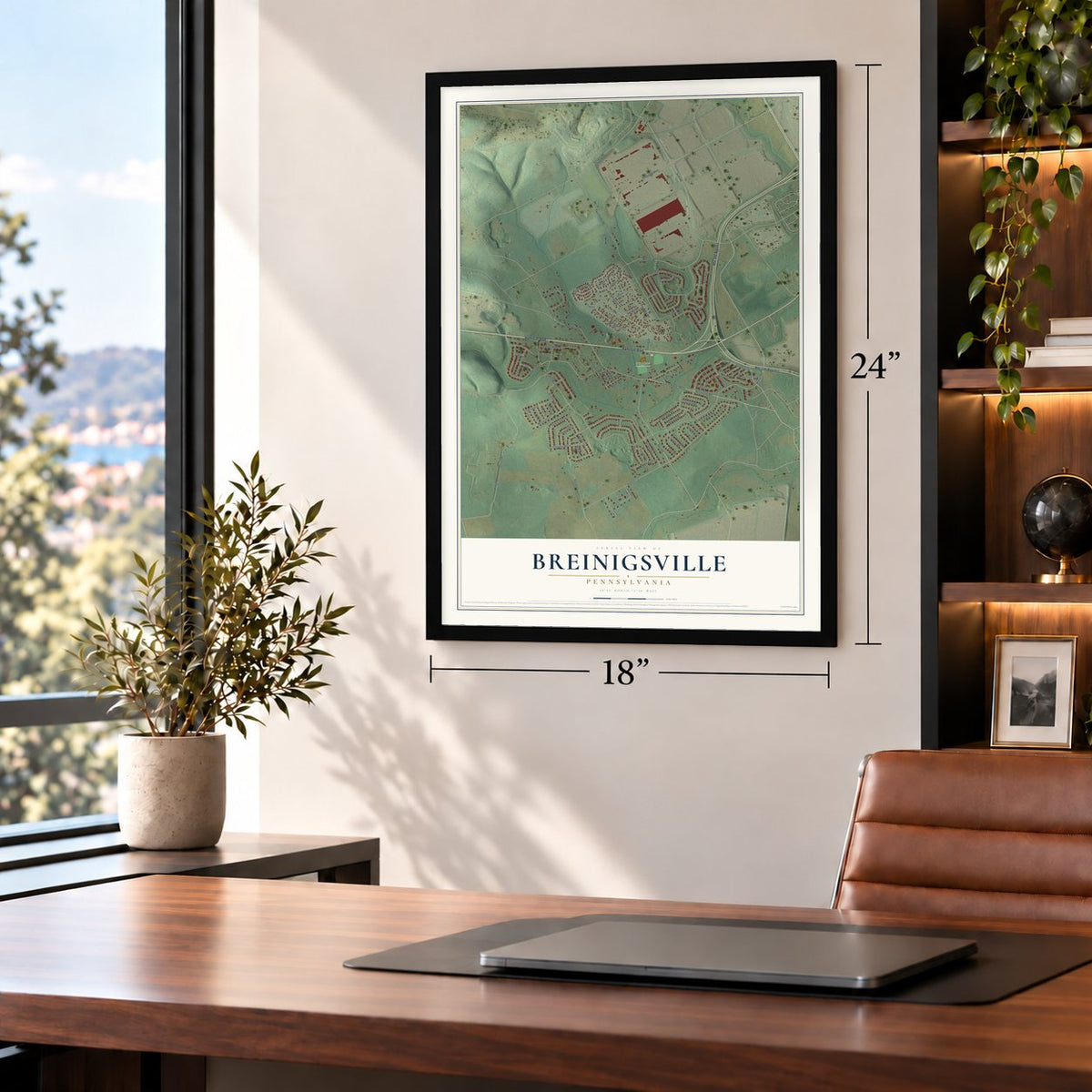 Breinigsville, Pennsylvania map, 18 x 24 inch print in a black frame in a home office