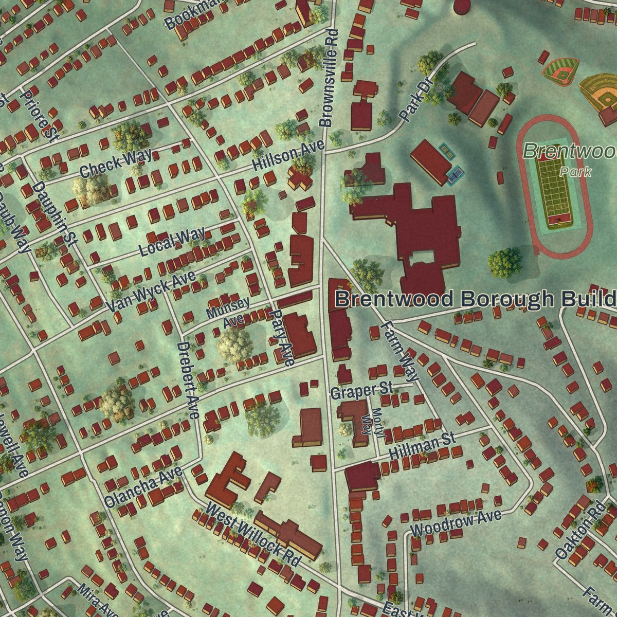 Close-up of the map of Brentwood, Pennsylvania print showing street and building detail