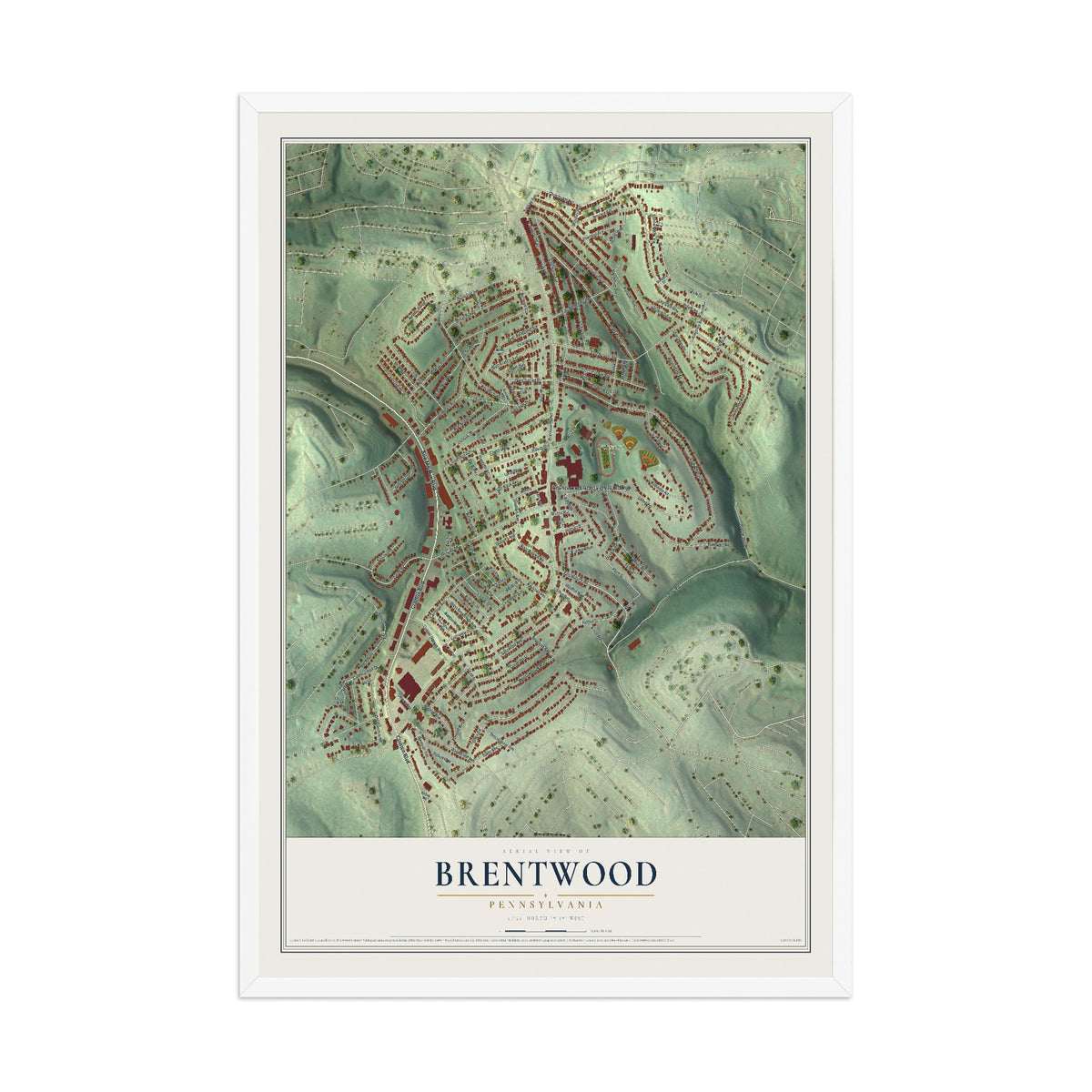 Map of Brentwood, Pennsylvania, 12 x 18 inch print in a white wood frame
