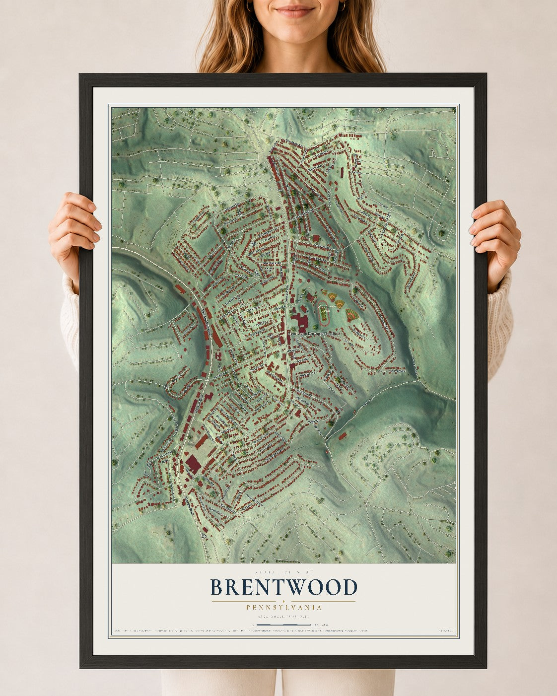 Map of Brentwood, Pennsylvania, 24 x 36 inch print in a black wood frame