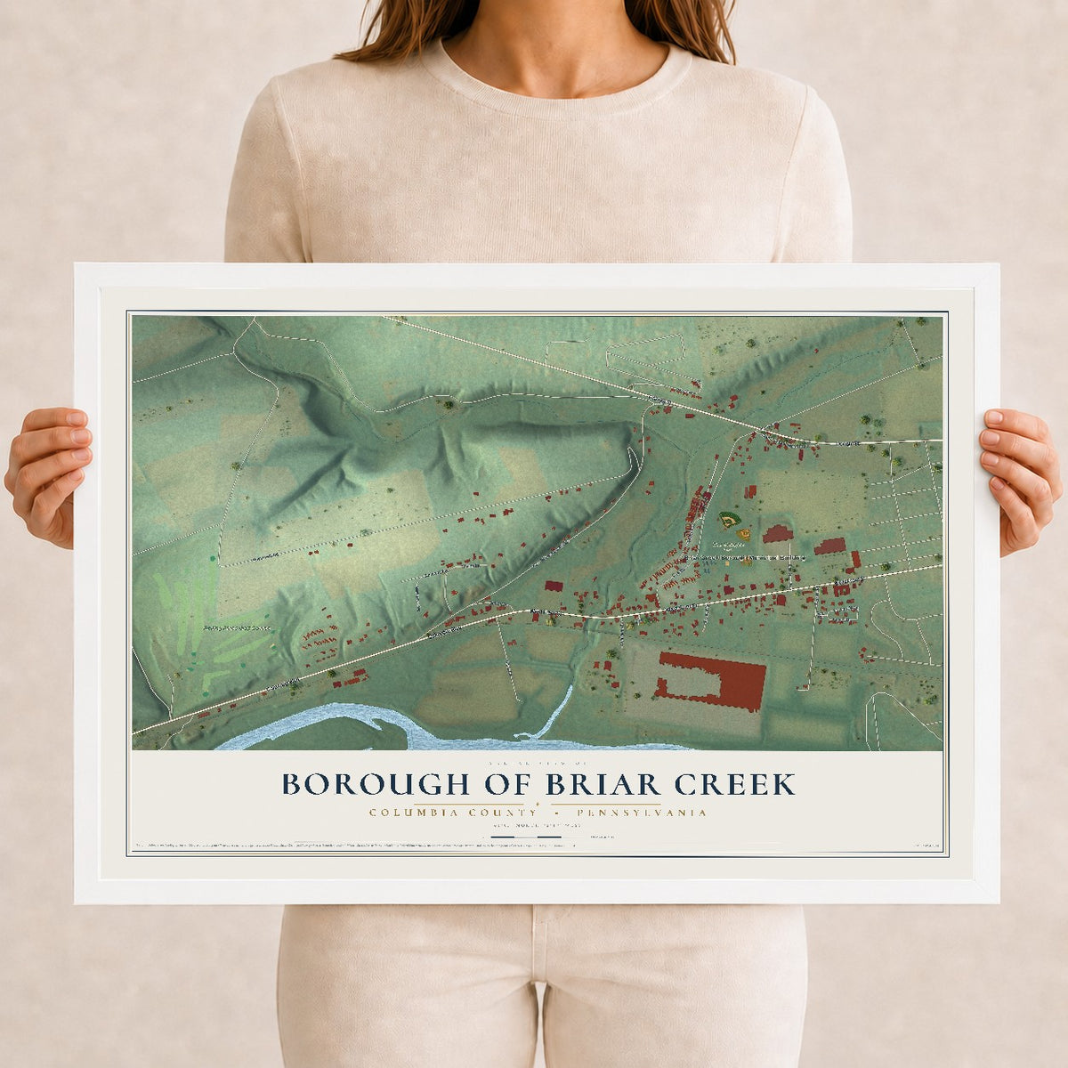 Map of the Borough of Briar Creek, Columbia County, Pennsylvania, 12 x 18 inch print in a white wood frame